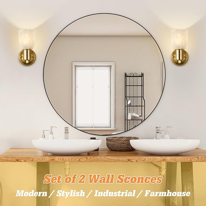 Wall Sconces Set of 2, Gold Vanity Lights for Bathroom, Modern Wall Light Fixtures with Rotary Switch, Wall Mount Light with Frosted Glass, Farmhouse Lamp for Bedroom Living Room