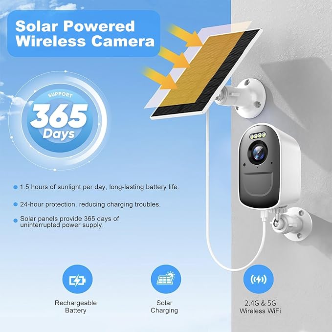 Security Cameras, Wireless Camera Outdoor Powered by Solar & Battery, 2K Cameras for Home Security, Color Night Vision, PIR Motion Detection,2-Way Talk,SD/Cloud Storage,2.4G/5GHz Wifi Solar Camera