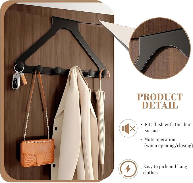 Black Door Hook Metal Material Integrated Triangle 6 Hooks for Hanging Clothes, Hats, Hangers, Wallets, Towels, Keys on The Door