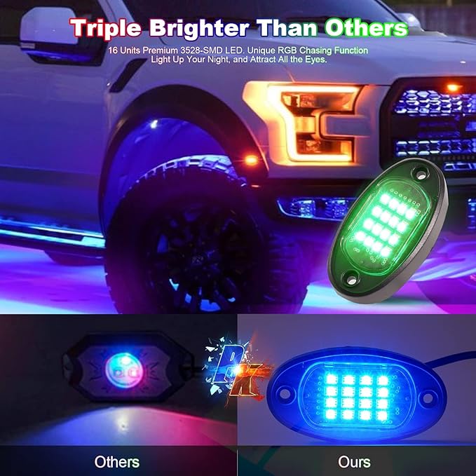 16 Pods RGB LED Rock Lights for Trucks Pickup Golf Cart Offroad RV UTV ATV SUV, Waterproof Multicolor Underglow Kit for Cars with APP Music Mode, Vehicle Underbody Light Underneath Accent 12V