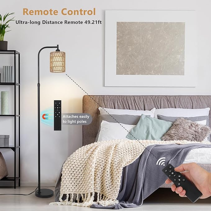 Floor Lamp with Remote, Dimmable Rattan Floor Lamp with LED Bulb, Industrial Black Tall Pole Lamp with Rattan & Fabric Shades, Boho Farmhouse Standing Lamps for Living Room Bedroom Office