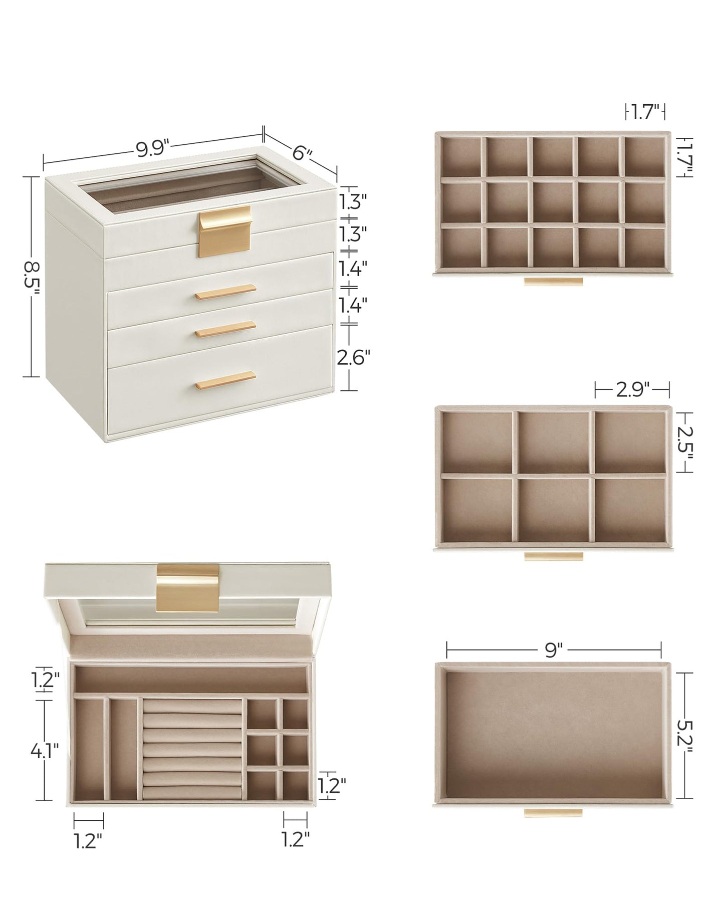 SONGMICS Jewelry Box Organizer with Glass Lid, 4-Layer Jewelry Storage, with 3 Drawers, Modern Style, 6 x 9.9 x 8.5 Inches, Cloud White and Gold Color UJBC161W01