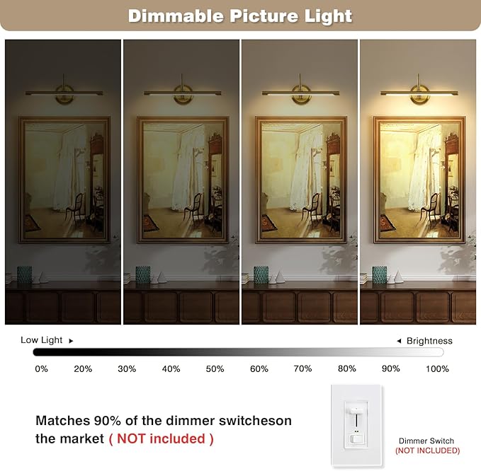 Modern LED Picture Light Hardwired, 16.5 Inch Dimmable Gallery Art Light with 270° Rotatable Lamp Head, Brass Wall Sconce for Paintings Display, 3000K Warm White, Metal Swing Arm Art Lamp for Mirror