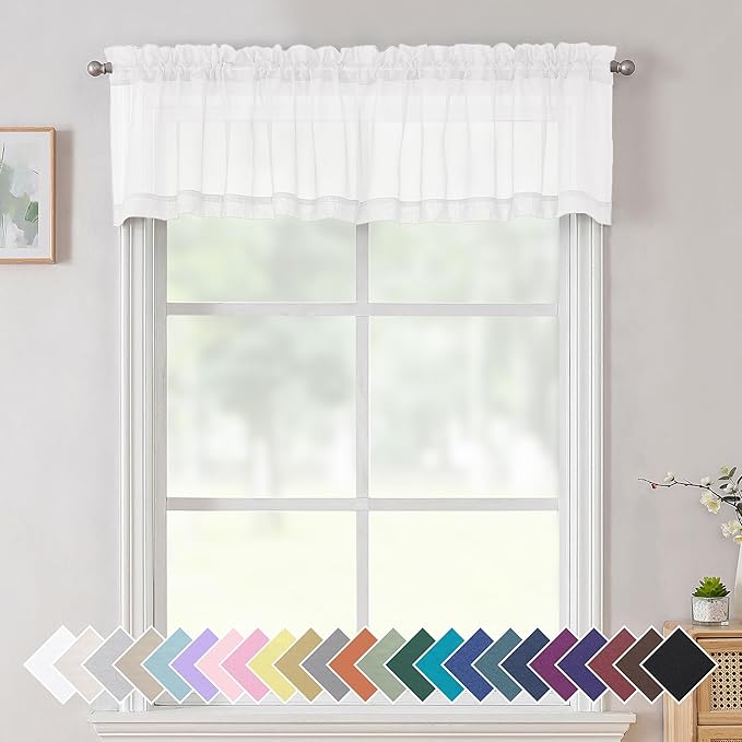 Aiyufneg White Sheer Window Valance Curtains, Light Filtering Kitchen Valances Windows Treatment, Small Voile Sheer Curtains for Living Room/Bathroom/Basement, Top Dual Rod Pocket, 2PCS