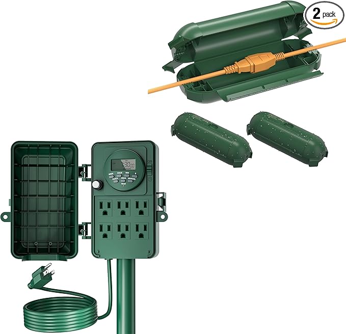 BN-LINK 7 Day Heavy Duty Outdoor Digital Stake Timer, 6 Outlets, Weatherproof, 2X Outdoor Extension Cord Safety Cover Waterproof, Fits 12/14/16 AWG Green