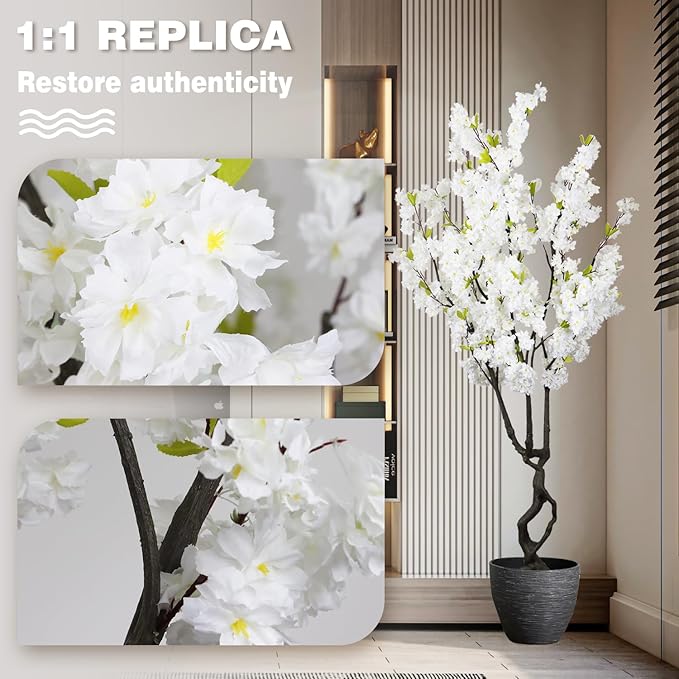 Faux White Cherry Blossom 6ft(72in) Tall Artificial Plant Indoor Decor Handmade Natural Fake Cherry Blossom Tree for Wedding Realistic Cherry Plant in Pot for Home Living Room,Office,Outdoor Decor.