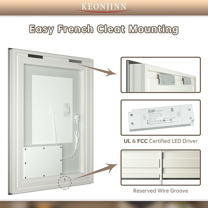 Keonjinn LED Bathroom Mirror 48" x 24" with Frontlit and Backlit, Stepless 3 Colors Temperature & Dimmable Wall Mirror, Tempered Glass, UL Listed LED Driver, Double LED Strips Lighted Vanity Mirror