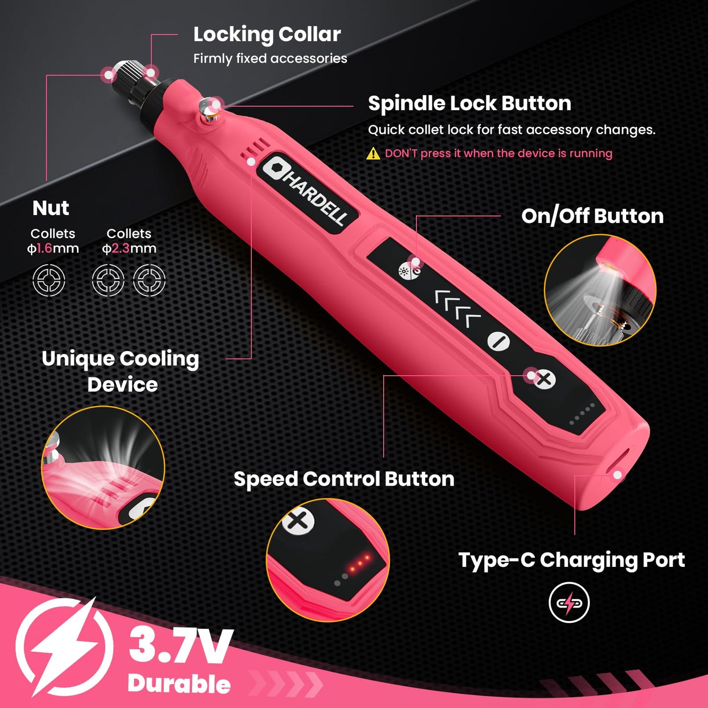 HARDELL Mini Cordless Rotary Tool, 5-Speed 3.7V Rechargeable Rotary Tool Kit with 69 Accessories, USB Charging Multi-Purpose DIY Tool for Sanding, Polishing, Drilling, Engraving(Pink 69pcs)