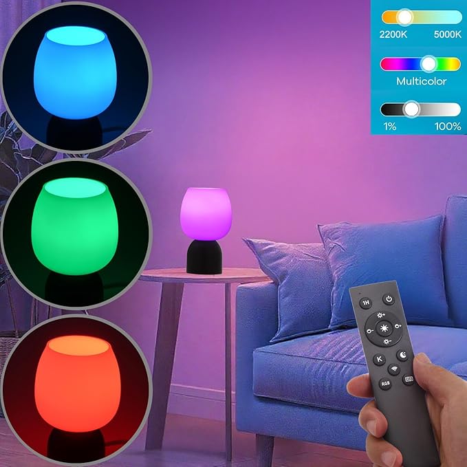 Small LED Table Lamp for Bedroom,RGB Color Changing Desk Light,Remote Control Black Wood