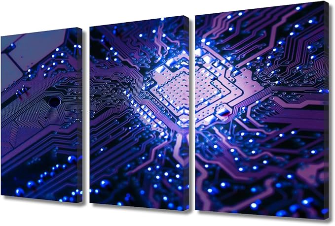 Wall Art Circuit Board 3 Pieces CPU Concept Posters and Prints Bedroom Decor Canvas Wall Art Computer Processors CPU Paintings Giclee Wooden Framed Gallery-Wrapped Ready to Hang(24" Wx36 H)