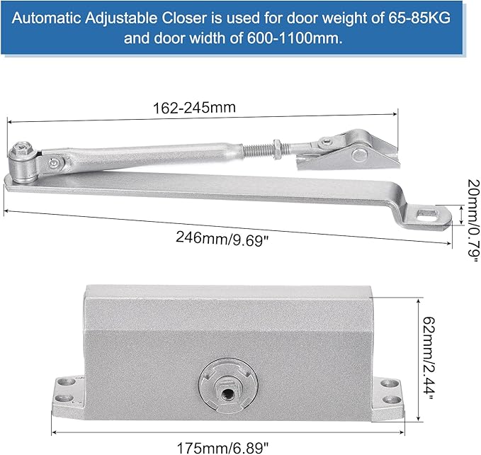 MECCANIXITY Door Closer Automatic Door Closer for 65-85kg Outdoor Internal Metal Wooden Doors,90D Medium Duty Spring Hydraulic Auto Door-Closer Automatic Adjustable Closer(Silver,Aluminum)