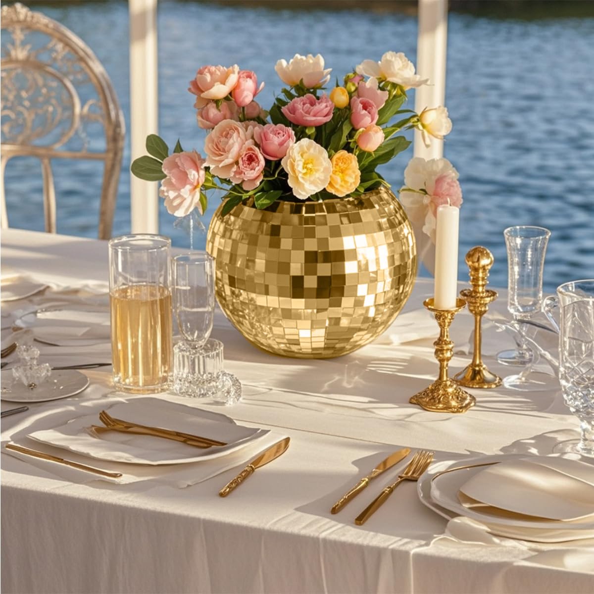 Disco Ball Vase Gold Mosaic Glass Mirror Ball Planter Disco Ball Planter for Centerpieces Disco Ball Decor Flower Vase with Silver Mirror Glass for Wedding Party Birthday, Disco Decor (5" X 6"")"