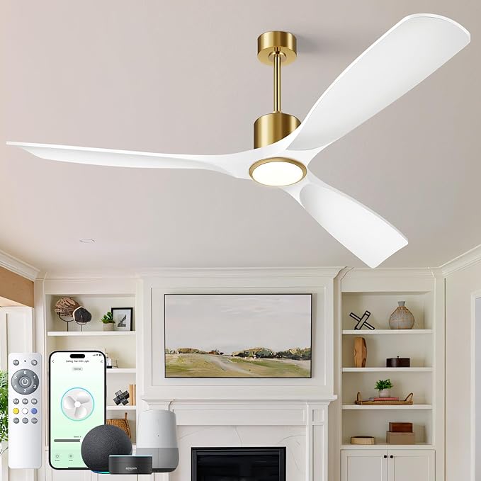 60 Inch Modern White and Gold Ceiling Fan with Lights, 3 Blade, Energy Efficient DC Motor, Smart App & Remote Control, 7230 CFM, 6 Speeds, 3 Light Colors, Indoor/Outdoor
