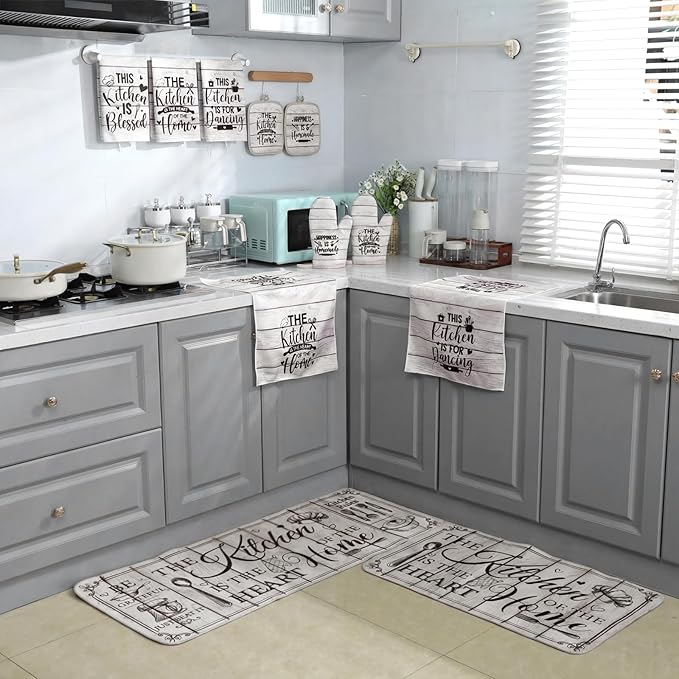 Fourluoo 10 Pcs Farmhouse Kitchen Decor and Accessories Set 4 Kitchen Towels 2 Pot Holders 2 Oven Mitts 2 Rugs for Cooking Baking Mom Housewarming Gifts (Unadorned Color,Stitched Wood Grain)