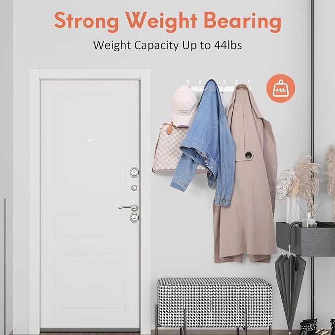 Coat Rack Wall Mount, Coat Hook Wall Mount, Wall Hooks for Hanging, Hat Rack for Walls, Coats Hanger with 12 Hook, Towel Hooks for Bathrooms (2 Pack, White)