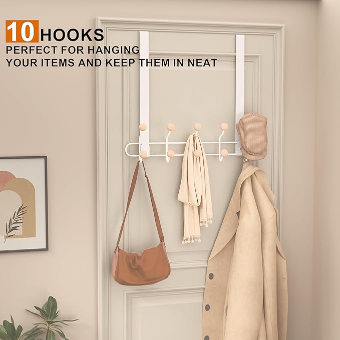 2 Pack Over The Door Hooks(13.8" H) with 10 Wooden Knobs, Over Door Hanger, Heavy Duty No Drill Hanger for Towels, Coats, Hats, Bags in Bathroom, Bedroom, Kitchen, Living Room