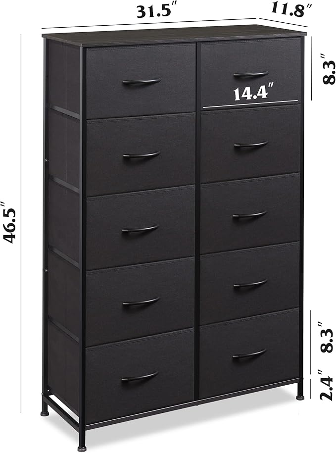 WLIVE Tall Black Dresser for Bedroom with 10 Drawers, Chest of Drawers, Dressers Bedroom Furniture, Storage Organizer Unit with Fabric Bins for Closet, Hallway, Living Room, Entryway