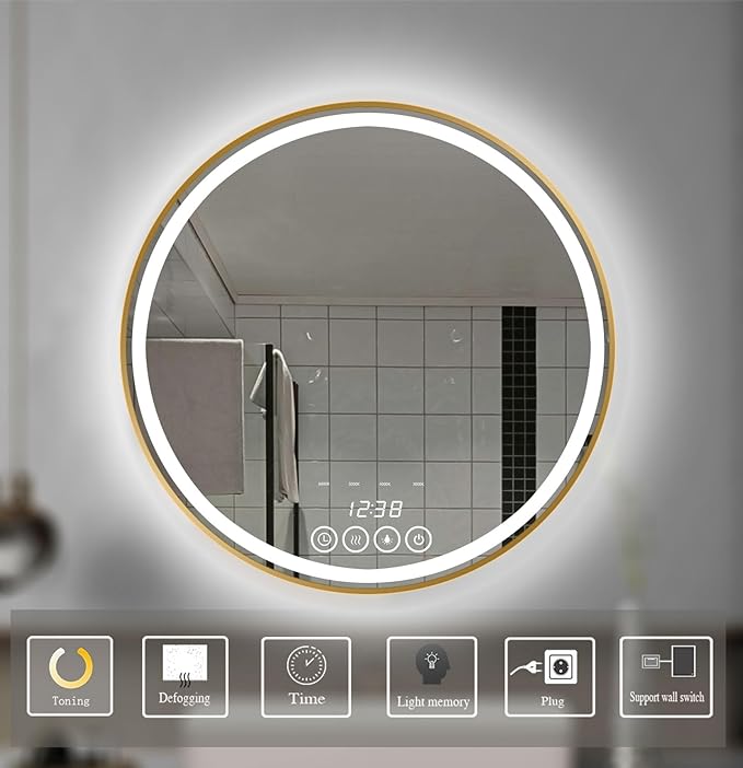 Wall-Mounted Round Bathroom Mirror with LED-Lights - Frame Vanity Mirrors (24" x 24", Gold)