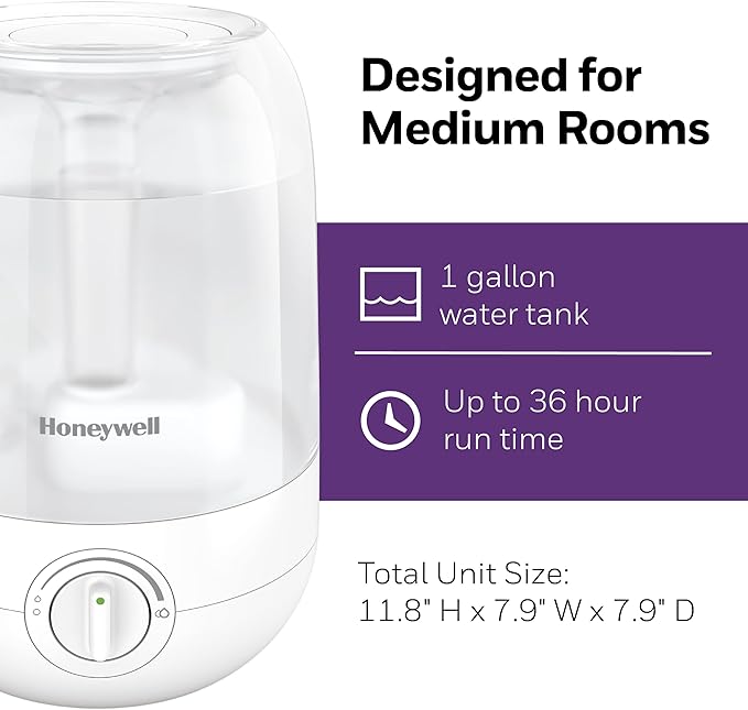 Honeywell Ultra Comfort Cool Mist Humidifier, 1 Gal Tank, No Filter, Easy to Fill and Clean, Cleaning Brush Included, Ultra Quiet, Use With Essential Oils, White, HUL545W