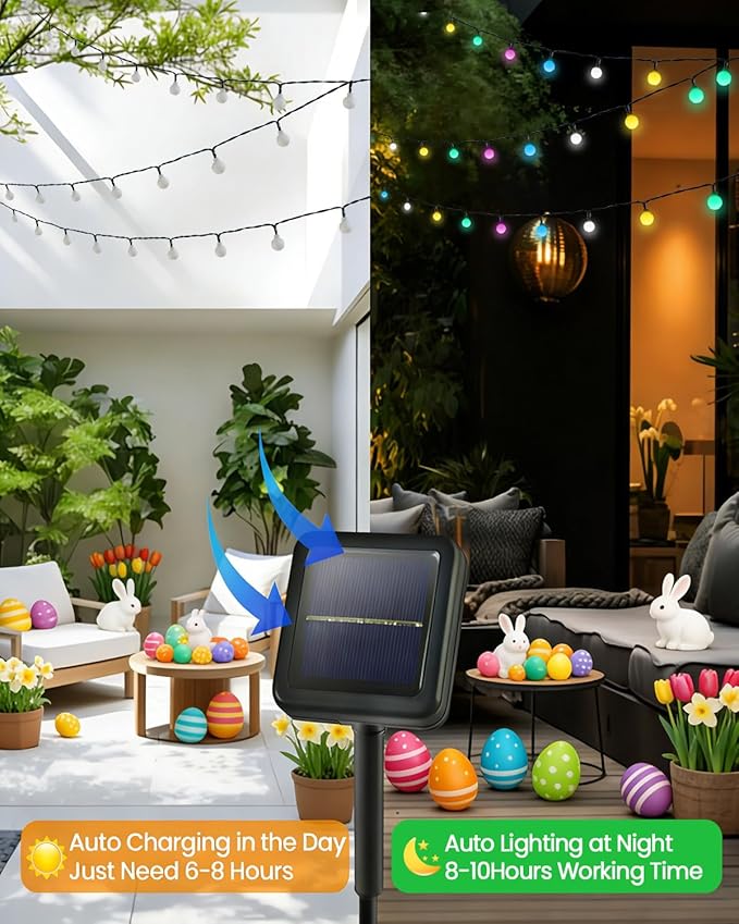 LORRYTE 2-Pack 80 LED Solar Easter Lights Outdoor - 39FT Crystal Globe Waterproof Solar Pastel String Lights for Outside with 8 Lighting Modes, Easter Decorations for Garden, Patio, Party, Porch