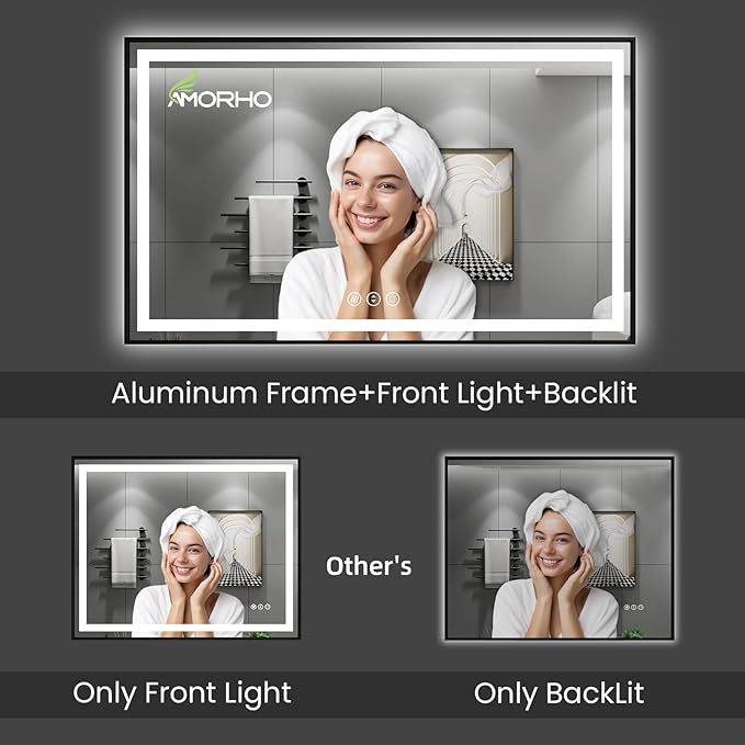 Amorho LED Mirror for Bathroom, 40" X38" Front Light and Backlit Black Framed, Stepless Dimmable, Anti-Fog, Shatter-Proof, Memory, 3 Colors, Double LED Vanity Mirror