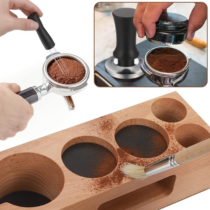 Roowest 5 Pack 54 mm Espresso Accessories Kit Wooden Tamper Station Coffee Distributor Stirrer Tamping Mat with Brush, Multipurpose Tools for Bar Home Office
