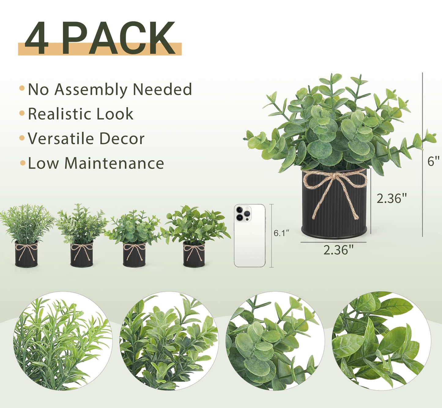 Mkono 4 Packs Small Fake Plants in Farmhouse Galvanized Pots Table Centerpiece Mini Potted Artificial Plants Faux Eucalyptus for Shelf Office Rustic Home Decor (Black, Mini-6" H)"