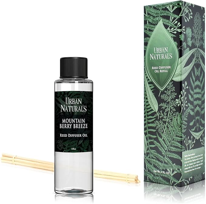 Urban Naturals Reed Diffuser Oil Refill, Mountain Berry Breeze Diffuser Oils with Juniper, Jasmine, Apple, 4 oz + Free Reed Sticks, Made in the USA