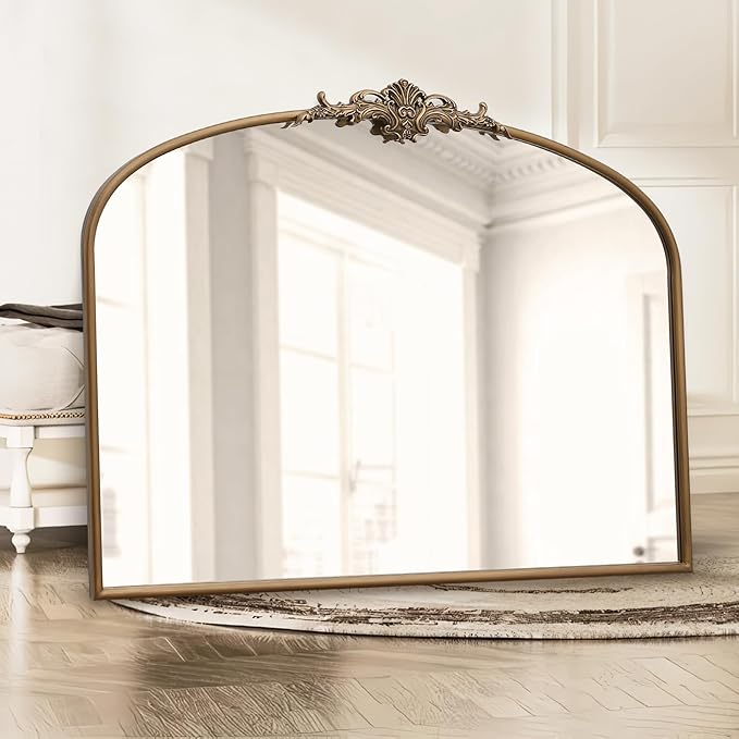 Besdomus Vintage Arched Gold Mirror: 40"x29" Large Matt Gold Antique Wall Mounted Mirror - Baroque Traditional Ornate for Entryway/Fireplace/Bathroom/Hallway - Home Decor for Fashion-Conscious