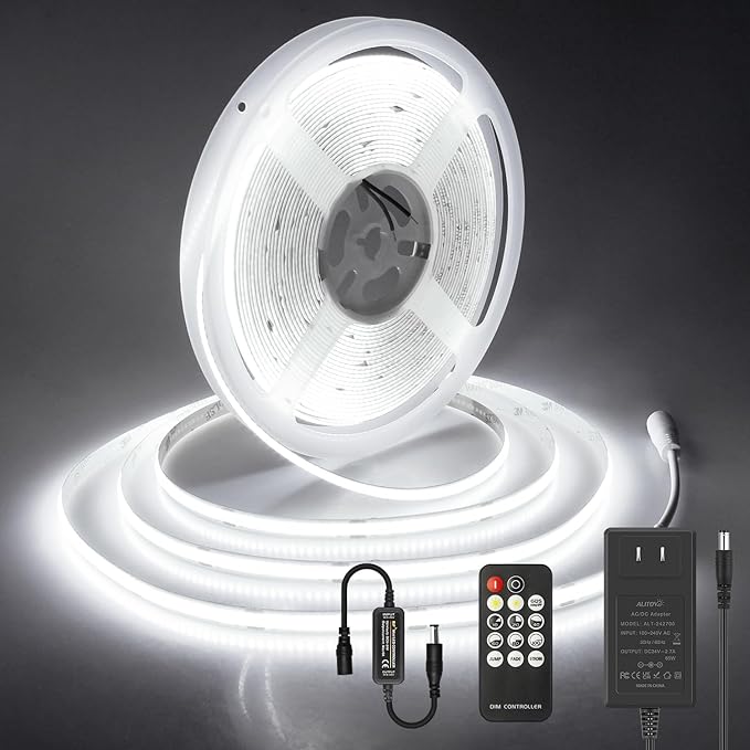ALITOVE 32.8ft COB Led Strip Light White 6500K Super Bright 24V LED Strip Lights with Remote Dimmable 3200LEDs CRI90+ Uniform Glow LED Tape Light for Mirror Under Cabinet Living Room Study Wardrobe