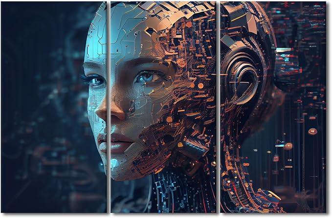 Head of Humanoid Robot Wall Art Blue Eyes and Visible Neural Network and Circuit Board Pictures Print On Canvas, Stretched Framed Gallery-Wrapped Ready to Hang, 42" Wx28 H