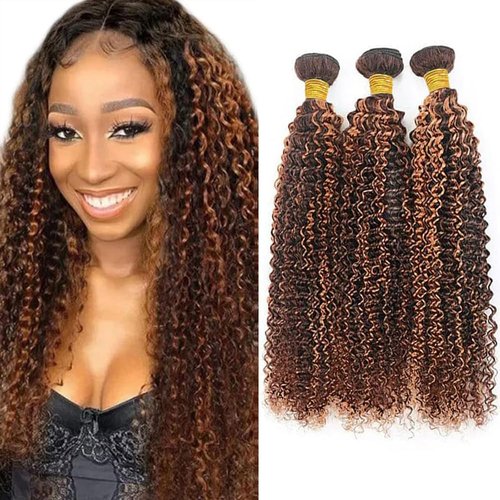 Giginger Jerry Curly Human Hair Bundles 14 16 18 Inch Brazilian Chocolate Brown Highlight P4/30 Jerry Curly Bundles Human Hair 100% Unprocessed Raw Quick Weave Hair for Black Women