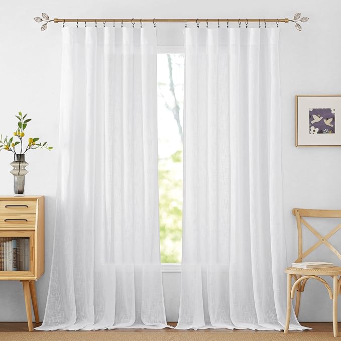 RYB HOME Sheer Linen Textured Curtains Semi Sheers Drapes Light Airy Breathable Fabric Window Decor for Patio Door Living Room Dining, White, 70 inch Width x 95 inch Length, 2 Panels