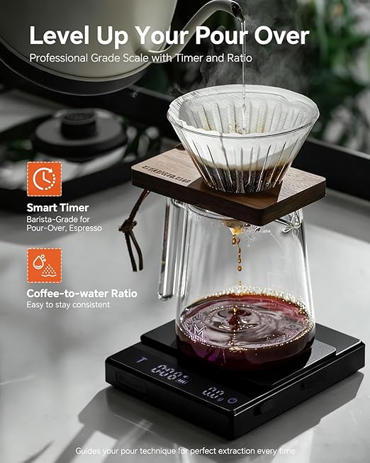 Rechargeable Coffee Scale with Timer - Large Digital Pour-Over Scale, 2kg/0.1g Precision for Espresso Weight, Drip, Auto Tare, Brew Ratio, 3 Modes, 1500mAh for Long Standby, Black