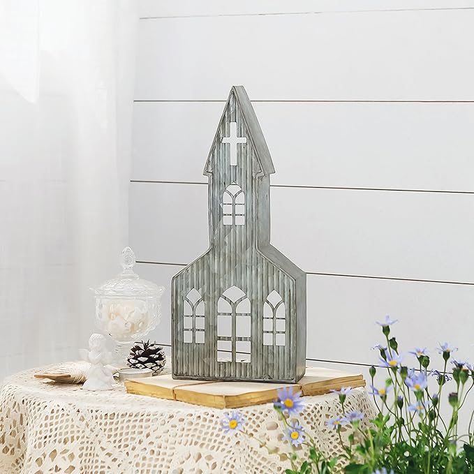 Church Shaped Tea Light Candle Holder Farmhouse Galvanized Metal Candle Holder Vintage Decorative Tealight Holder for Table Centerpiece Decoration - 5.51" x 2.36" x 12.8"