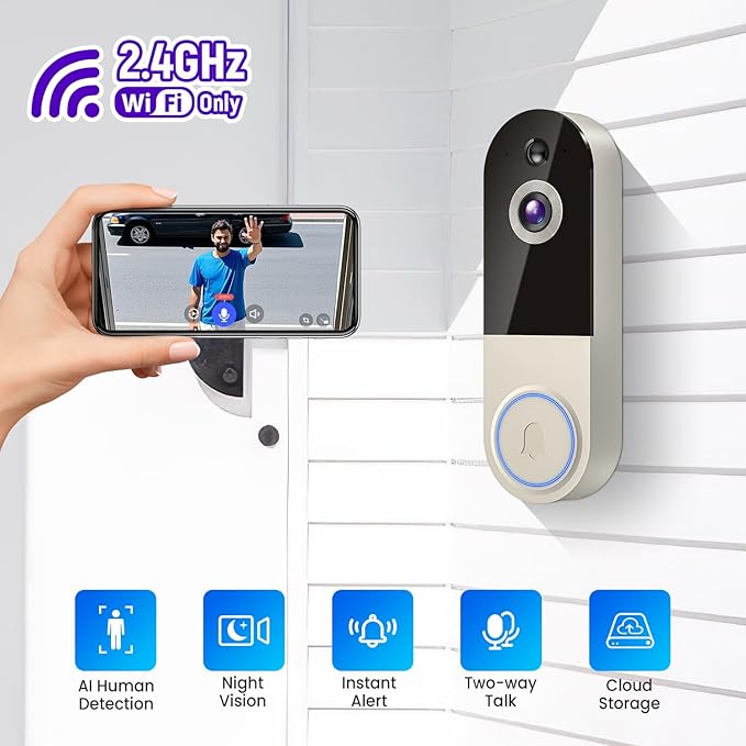 1080p Wireless Video Doorbell Camera, Smart Outdoor Surveillance Cam, Live View, Cloud Storage, AI Human Detection, Instant Alerts, Night Vision, Two Way Audio, 2.4G WiFi Only