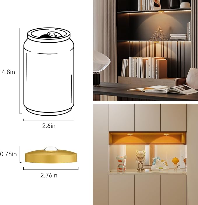 Yiliaw Rechargeable Puck Lights with Remote, 3 Pack Magnetic Under Cabinet Lighting, 1500mAh Battery Operated LED Tap Lights with Dimmer & Timmer for Kitchen, Closet, Shelf - 3 Color Temps, Gold