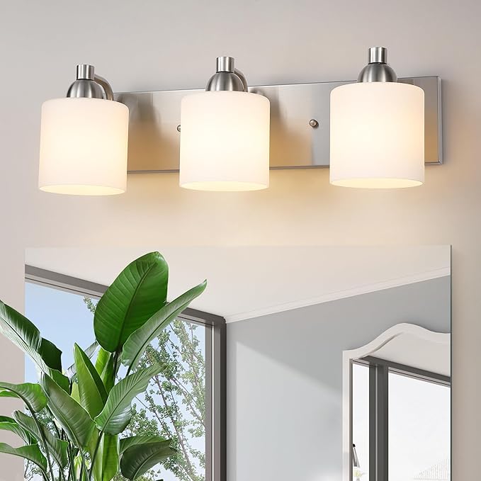 Stainless Steel Milk Glass Bathroom Vanity Light Over Mirror, 3 Light Brushed Nickel Bathroom Light Fixtures with Frosted Glass, Modern Vanity Lighting Wall Mount