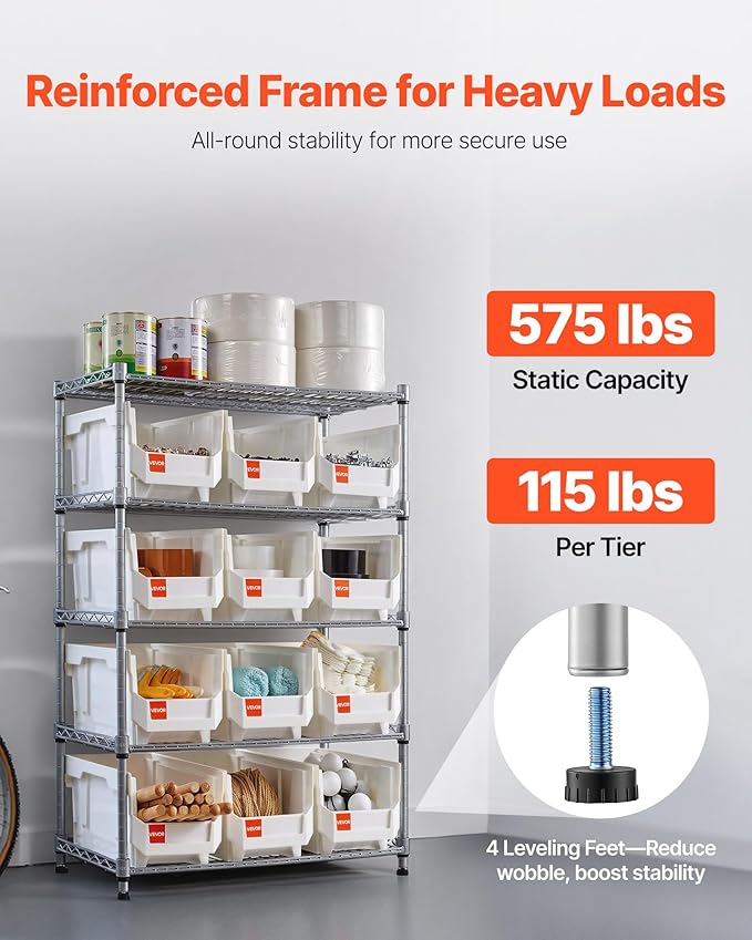 VEVOR 5-Tier Rolling Bin Storage Rack, 12 Organizer Bins, Bin Rack Storage Steel Wire Shelving System with Wheels, Mobile Tool Organizer for Garage, Warehouse, Office, Restaurant, Classroom, Kitchen