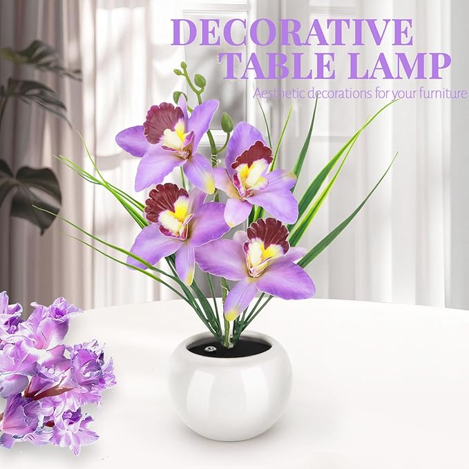 Artificial Flower Night Light, Touch Stepless Dimming USB Rechargeable Orchid Flower with Vase Lamp, LED Table Lamp Decorative Landscape Lights for Festival Party Home Decor (Purple)
