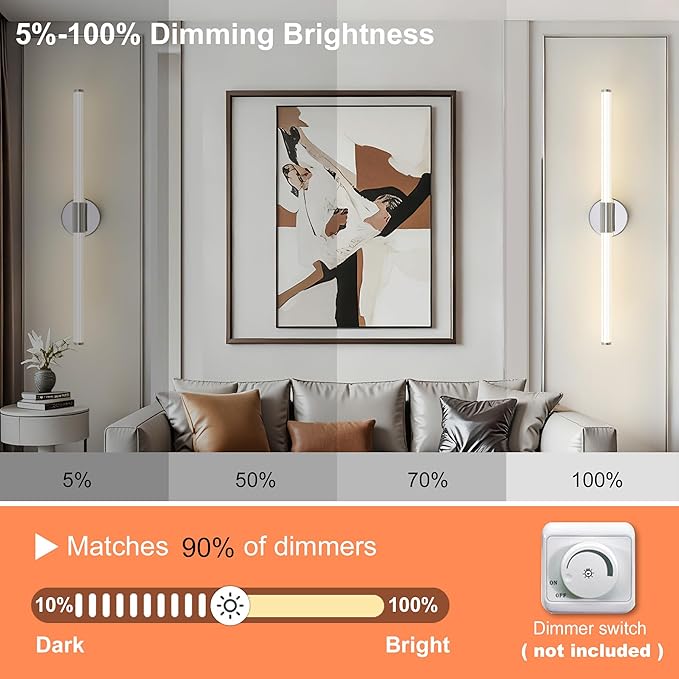 Dimmable LED Bathroom Vanity Lights 360° Full Lighting Bathroom Light Fixtures Over Mirror Vanity Light Bar Modern Wall Sconce 4000K for Bedroom Living Room Hardwired Chrome, 30 inch