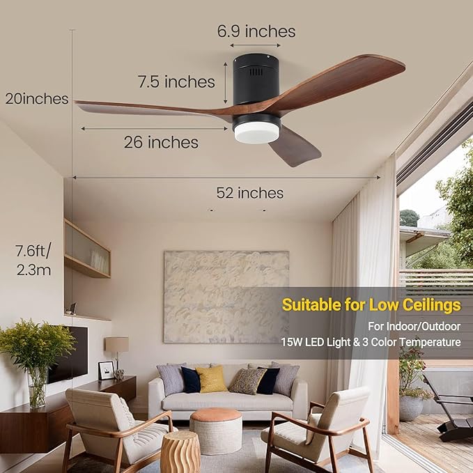 Ceiling Fans with Lights, 52" Wood Ceiling Fan with Remote Control, 3 Walnut Fan Blades Reversible Quiet DC Motor 6 Speeds Timing Farmhouse Ceiling Fan for Bedroom/Living Room/Study/Porch
