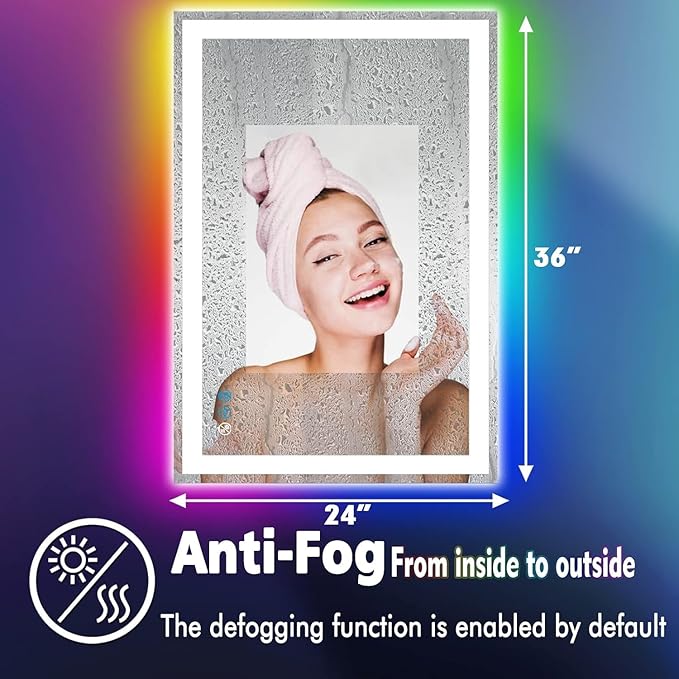 36 x 24 Inch Square LED Bathroom Mirror with Front Lights 3 Color + Rainbow RGB Backlit Light up Mirror for Bathroom Wall Mounted Lighted Vanity Mirror Anti Fog RGB 36x24 Smart Lighted Mirror