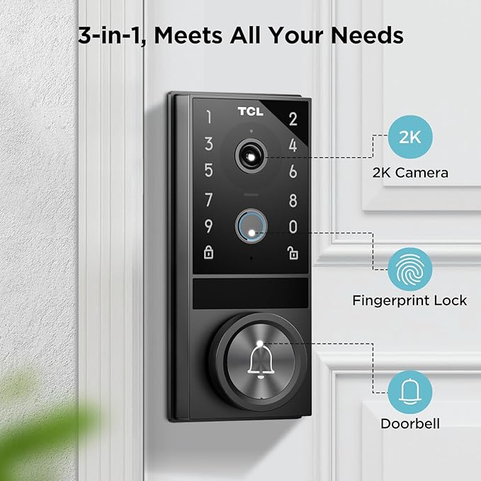 TCL D1 Max Security Video Smart Lock, 3-in-1 2K Camera, Doorbell & Fingerprint Keyless Entry Door Lock, WiFi Smart Door Lock with App Remote Control, PIR Motion Detection, Easy Installation