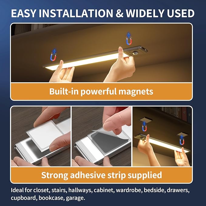 Under Cabinet Lights,76 LED Operated Motion Sensor Light Indoor,1500mAh USB Rechargeable Closet Lights, 4 Pack Magnetic Dimmable Closet Lights，Wireless Under Counter Lights for Kitchen, Stairs