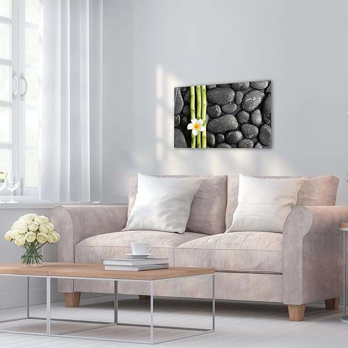 Zen Wall Art Decor, Modern Bathroom Zen Decor Wall Art, Canvas Wall Art for Spa Zen Room Decor, Green Bamboo Forest and Black Pebble Relaxing Art Prints for Office & Spa Wall Decor 12x18 Inches