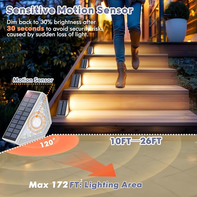 6-Pack Solar Step Lights for Outside, Motion Sensor Waterproof Outdoor Stair Lights, Solar Powered LED Outdoor Step Lights Decor for Yard Garden Porch Patio Pathway Deck,