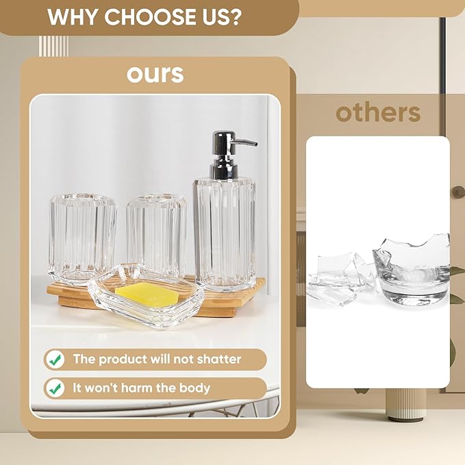 4-Piece Crystal Clear Bathroom Accessories Set — Soap Dispenser, Soap Dish, Mouthwash Cup & Toothbrush Holder, Transparent Acrylic Vanity Organizer, Fits Any Fixture Color or Style