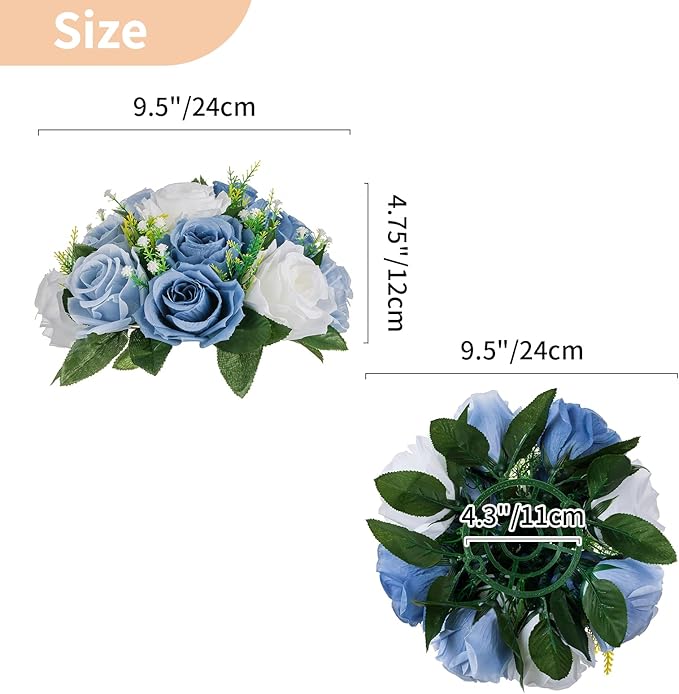 NUPTIO Flower Ball Arrangement Bouquet - 10 Pcs 9.5 inch Diameter Dusty Blue Fake Flowers Roses Balls for Centerpieces Tables - Artificial Rose Arrangements for Wedding Centerpiece Table Decorations