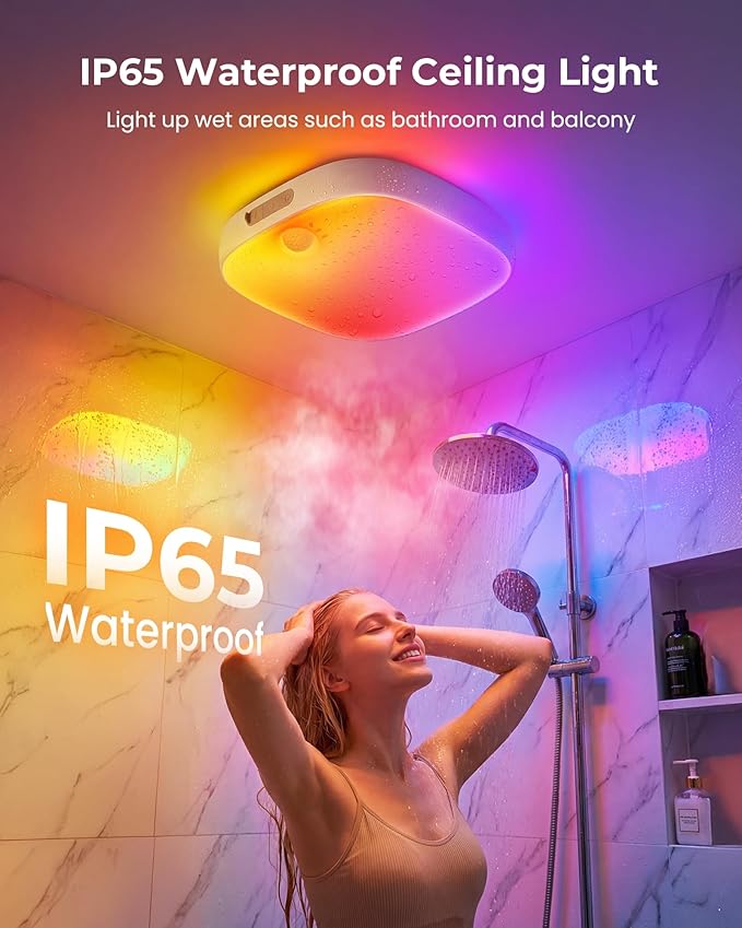FULEN Shower Lights IP65 Waterproof, Motion Sensor Ceiling Light, Rechargeable Closet Light with 10000mAh Battery, LED Shower Lamp, Cordless Ceiling Lamp with RGB Colors, Remote Control, 2 Pack